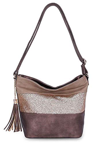 CRAZYCHIC - Damen Pailletten Umhängetasche - Schultertasche Weiches PU Leder Streifen Glitzer - Frau Shopper Hobo Bag - Casual Messenger Crossbody Bag - Mehrfarbig Beuteltasche Handtasche - Kaffee von CRAZYCHIC