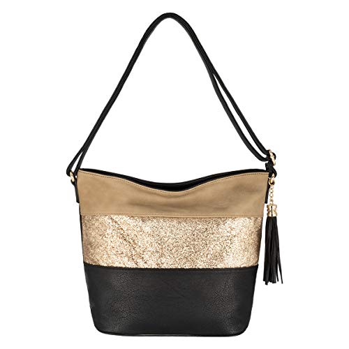 CRAZYCHIC - Damen Pailletten Umhängetasche - Schultertasche Weiches PU Leder Streifen Glitzer - Frau Shopper Hobo Bag - Casual Messenger Crossbody Bag - Mehrfarbig Beuteltasche Handtasche - Schwarz von CRAZYCHIC