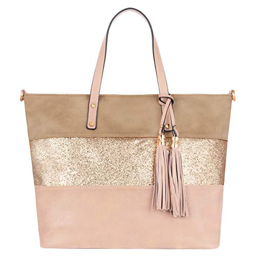 CRAZYCHIC - Damen Streifen Pailletten Handtasche - Tote Shopper Weiches PU Leder - Schultertasche Umhängetasche - Casual Multicolor Gestreift Große Kapazität - Arbeit Schule Strand Shopping - Rosa von CRAZYCHIC