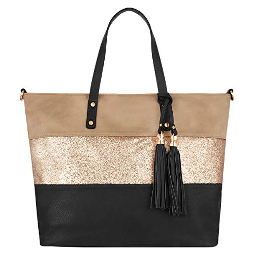 CRAZYCHIC - Damen Streifen Pailletten Handtasche - Tote Shopper Weiches PU Leder - Schultertasche Umhängetasche - Casual Multicolor Gestreift Große Kapazität - Arbeit Schule Strand Shopping - Schwarz von CRAZYCHIC