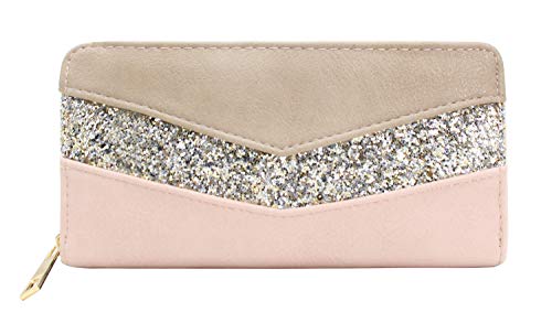 CRAZYCHIC - Damen Pailletten Streifen Geldbörse - Frauen Große Brieftasche Gestreift PU Leder - Lange Portemonnaie Mehrfarbige Bunte Geldbeutel - Viele Fächer Kartenhalter Mode Elegante - Nude Rosa von CRAZYCHIC