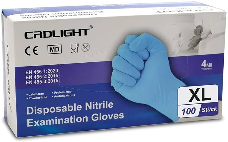 CRD Light Einweghandschuhe 100 x Nitrilhandschuhe XL Einweghandschuhe Nitril Handschuhe Latexfrei SUPERFLEXIBILITÄT & SCHUTZ von CRD Light