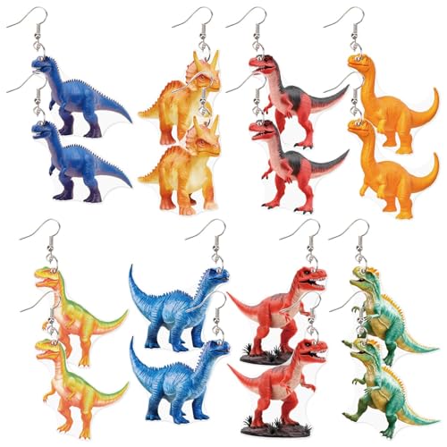 CREATCABIN 8 Paar/Stile Dinosaurier Acryl baumeln Ohrringe Set Tierohrringe für Frauen Dinosaurier Tropfen baumeln Ohrringe Charms Bunte Acryl Schmuck Ohrringe für Damen Tier Teamed Party Geschenke von CREATCABIN