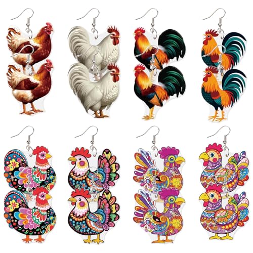 CREATCABIN 8 Paar/Stile Huhn Acryl baumeln Ohrringe Bauernhof Huhn Ohrringe für Frauen Tier Hahn Tropfen baumeln Ohrringe Charms Henne Küken Acryl Schmuck Ohrringe für Damen Tier Teamed Party Geschenk von CREATCABIN