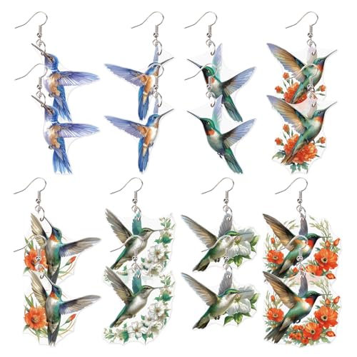CREATCABIN 8 Paar/Stile Vogel Acryl baumeln Ohrringe Kolibri Ohrringe für Frauen Tier Tropfen baumeln Ohrringe Charms 2D Vogel Acryl Schmuck Ohrringe Zubehör für Vogelliebhaber Geschenke Valentinstag von CREATCABIN
