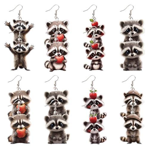 CREATCABIN 8 Paar/Stile Waschbär Acryl baumelnde Ohrringe Bär Ohrringe für Frauen Tier Tropfen baumeln Ohrring-Set 2D niedlich Cartoon mollig Acryl Waschbär Schmuck Ohrringe Charms für Tiere Teamed von CREATCABIN