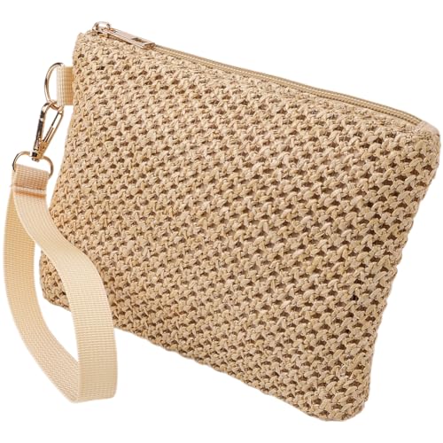 CREATCABIN Beigefarbene Kosmetiktasche Gewebtem Stroh Bohemian Stil Strand Stroh Geldbörsen Tragbare Aufbewahrungs Clutch Taschen Für Urlaub Und Reisen Für Outdoor Camping Toilettenartikel 21x15cm von CREATCABIN