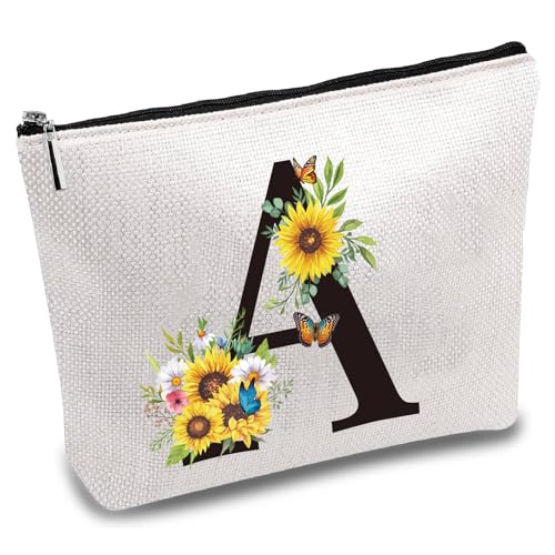 CREATCABIN Buchstabe A Make-Up-Tasche Segeltuch,Kosmetiktasche,Blume,Mehrzweck-Stiftetui Reißverschlusstasche,Kulturbeutel,Reisezubehör,Tasche,Geschenke,Personalisierbar,Für Frauen,Schwester,25x18cm von CREATCABIN