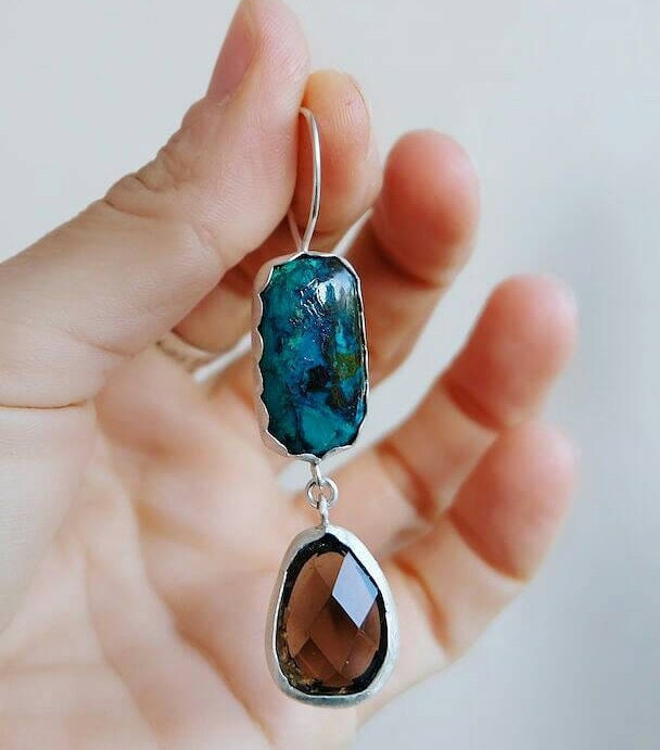 sterling Silber Chrysocolla & Smokey Quarz Einzelohrring sterling Silber Chrysocolla & Smokey Quarz Einzelohrring von CREATEMariaApostolou
