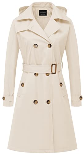 CREATMO US Damen Lang Trenchcoat Zweireihig Klassischer Revers Mantel Gürtel Slim Oberbekleidung Mantel mit Abnehmbarer Kapuze, Beige, M von CREATMO US