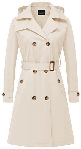 CREATMO US Damen Lang Trenchcoat Zweireihig Klassischer Revers Mantel Gürtel Slim Oberbekleidung Mantel mit Abnehmbarer Kapuze, Beige, XL von CREATMO US