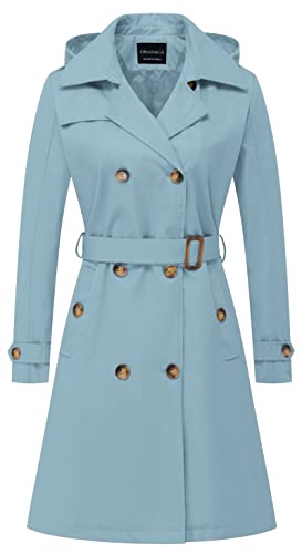 CREATMO US Damen Lang Trenchcoat Zweireihig Klassischer Revers Mantel Gürtel Slim Oberbekleidung Mantel mit Abnehmbarer Kapuze, Blau, Large von CREATMO US