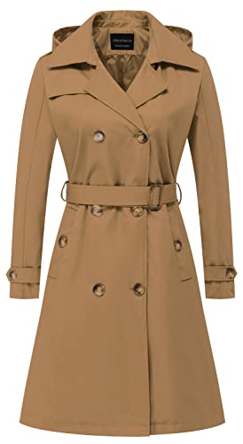 CREATMO US Damen Lang Trenchcoat Zweireihig Klassischer Revers Mantel Gürtel Slim Oberbekleidung Mantel mit Abnehmbarer Kapuze, CAMEL, XS von CREATMO US