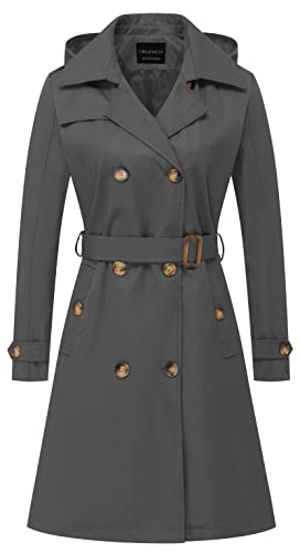 CREATMO US Damen Lang Trenchcoat Zweireihig Klassischer Revers Mantel Gürtel Slim Oberbekleidung Mantel mit Abnehmbarer Kapuze, GRAU, Medium von CREATMO US