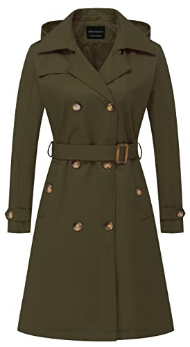 CREATMO US Damen Lang Trenchcoat Zweireihig Klassischer Revers Mantel Gürtel Slim Oberbekleidung Mantel mit Abnehmbarer Kapuze, Grün (Army Green), L von CREATMO US