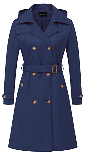 CREATMO US Damen Lang Trenchcoat Zweireihig Klassischer Revers Mantel Gürtel Slim Oberbekleidung Mantel mit Abnehmbarer Kapuze, Marineblau, XS von CREATMO US