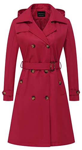 CREATMO US Damen Lang Trenchcoat Zweireihig Klassischer Revers Mantel Gürtel Slim Oberbekleidung Mantel mit Abnehmbarer Kapuze, Rot/Ausflug, einfarbig (Getaway Solids), M von CREATMO US