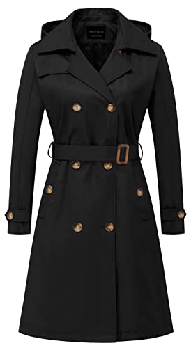 CREATMO US Damen Lang Trenchcoat Zweireihig Klassischer Revers Mantel Gürtel Slim Oberbekleidung Mantel mit Abnehmbarer Kapuze, Schwarz, M von CREATMO US