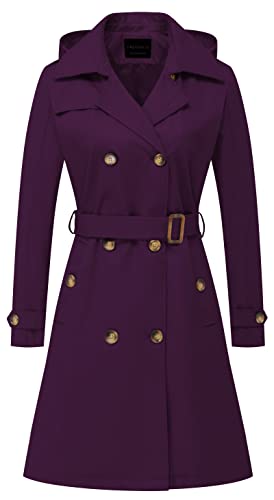 CREATMO US Damen Lang Trenchcoat Zweireihig Klassischer Revers Mantel Gürtel Slim Oberbekleidung Mantel mit Abnehmbarer Kapuze, Violett, Large von CREATMO US