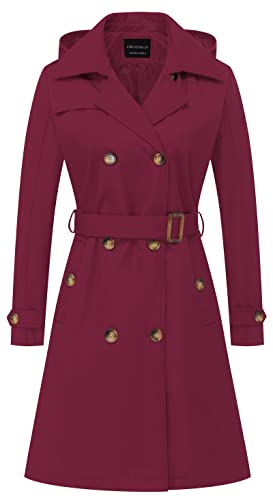CREATMO US Damen Lang Trenchcoat Zweireihig Klassischer Revers Mantel Gürtel Slim Oberbekleidung Mantel mit Abnehmbarer Kapuze, Weinrot, Medium von CREATMO US
