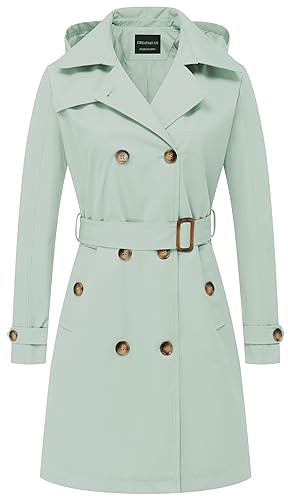 CREATMO US Damen Langer Trenchcoat Zweireihiger klassischer Revers Overcoat Gürtel Slim Oberbekleidung Mantel mit abnehmbarer Kapuze, Hellgrün, Large von CREATMO US