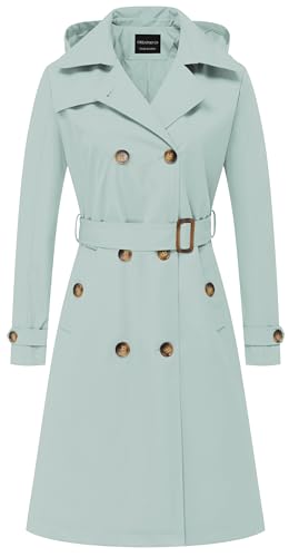 CREATMO US Damen Langer Trenchcoat Zweireihiger klassischer Revers Overcoat Gürtel Slim Oberbekleidung Mantel mit abnehmbarer Kapuze, Hellgrün, X-Small von CREATMO US