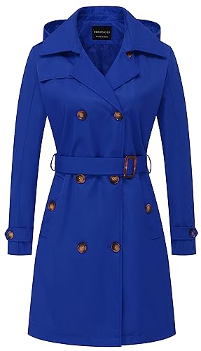CREATMO US Damen Langer Trenchcoat Zweireihiger klassischer Revers Overcoat Gürtel Slim Oberbekleidung Mantel mit abnehmbarer Kapuze, Königsblau, Small von CREATMO US