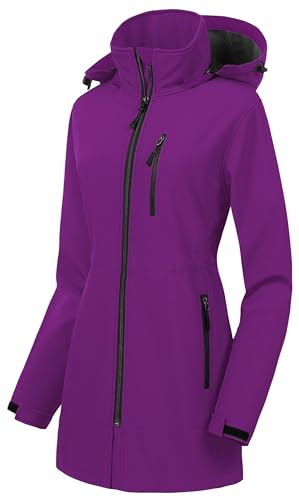 CREATMO US Damen Leichte wasserdichte lange Softshelljacke taktische Jacke Fleece gefüttert Windbreaker, Dunkles Violett, S von CREATMO US