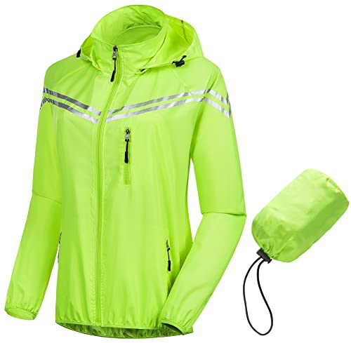 CREATMO US Damen Packbar Wasserdicht Laufen Regenmantel Reflektierende Fahrradjacke Windbreaker mit abnehmbarer Kapuze, fluoreszierendes gelb, X-Large von CREATMO US