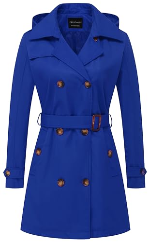 CREATMO US Damen-Trenchcoat, zweireihig, klassischer Revers, Übermantel, Gürtel, schmale Oberbekleidung, Mantel mit abnehmbarer Kapuze, Königsblau, Medium von CREATMO US