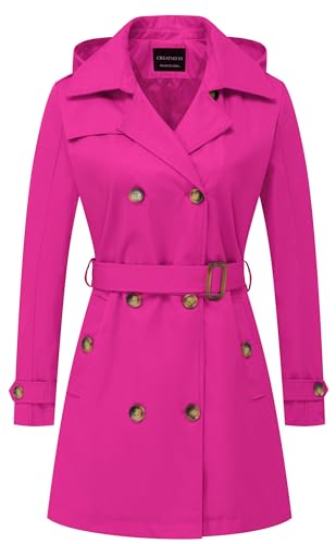 CREATMO US Damen-Trenchcoat, zweireihig, klassischer Revers, Übermantel, Gürtel, schmale Oberbekleidung, Mantel mit abnehmbarer Kapuze, Rosenrot, Large von CREATMO US