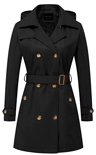 CREATMO US Damen-Trenchcoat, zweireihig, klassischer Revers, Übermantel, Gürtel, schmale Oberbekleidung, Mantel mit abnehmbarer Kapuze, Schwarzes Samtfutter, XXL von CREATMO US