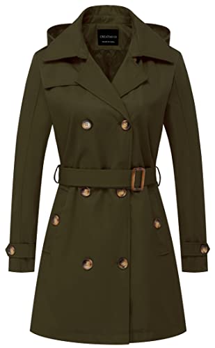 CREATMO US Damen Trenchcoat Zweireiher Klassischer Revers Mantel Gürtel Slim Oberbekleidung Mantel mit Abnehmbarer Kapuze, Army Green, M von CREATMO US