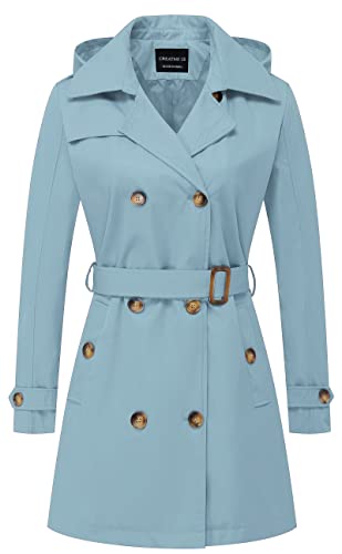 CREATMO US Damen Trenchcoat Zweireiher Klassischer Revers Mantel Gürtel Slim Oberbekleidung Mantel mit Abnehmbarer Kapuze, Blau, 3XL von CREATMO US