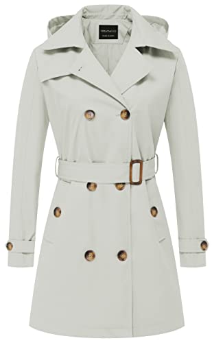 CREATMO US Damen-Trenchcoat, zweireihig, klassischer Revers, Übermantel, Gürtel, schmale Oberbekleidung, Mantel mit abnehmbarer Kapuze, Cremeweiß, XL von CREATMO US