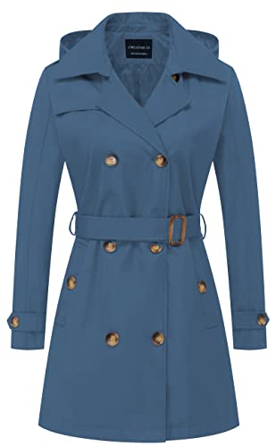 CREATMO US Damen Trenchcoat Zweireiher Klassischer Revers Mantel Gürtel Slim Oberbekleidung Mantel mit Abnehmbarer Kapuze, Dunkelblau, Small von CREATMO US