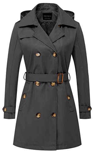 CREATMO US Damen Trenchcoat Zweireiher Klassischer Revers Mantel Gürtel Slim Oberbekleidung Mantel mit Abnehmbarer Kapuze, GRAU, L von CREATMO US