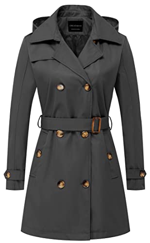 CREATMO US Damen-Trenchcoat, zweireihig, klassischer Revers, Übermantel, Gürtel, schmale Oberbekleidung, Mantel mit abnehmbarer Kapuze, GRAU, L von CREATMO US