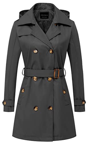 CREATMO US Damen Trenchcoat Zweireiher Klassischer Revers Mantel Gürtel Slim Oberbekleidung Mantel mit Abnehmbarer Kapuze, GRAU, XL von CREATMO US