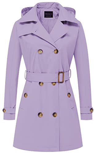 CREATMO US Damen Trenchcoat Zweireiher Klassischer Revers Mantel Gürtel Slim Oberbekleidung Mantel mit Abnehmbarer Kapuze, Helles Violett, Medium von CREATMO US