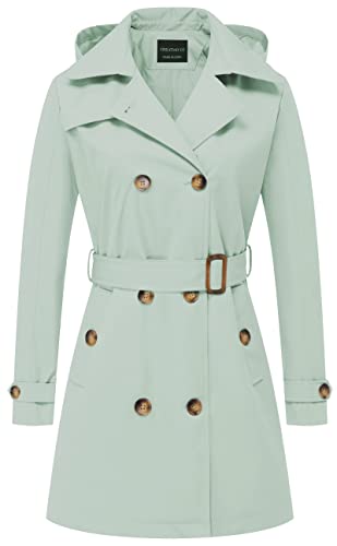 CREATMO US Damen-Trenchcoat, zweireihig, klassischer Revers, Übermantel, Gürtel, schmale Oberbekleidung, Mantel mit abnehmbarer Kapuze, Hellgrün, XS von CREATMO US