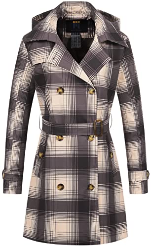 CREATMO US Damen Trenchcoat Zweireiher Klassischer Revers Mantel Gürtel Slim Oberbekleidung Mantel mit Abnehmbarer Kapuze, Kariert, 3XL von CREATMO US