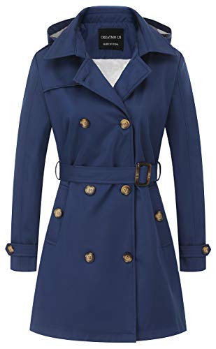 CREATMO US Damen Trenchcoat Zweireiher Klassischer Revers Mantel Gürtel Slim Oberbekleidung Mantel mit Abnehmbarer Kapuze, Marineblau, M von CREATMO US