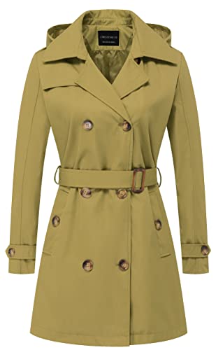 CREATMO US Damen Trenchcoat Zweireiher Klassischer Revers Mantel Gürtel Slim Oberbekleidung Mantel mit Abnehmbarer Kapuze, Olivengelb, Medium von CREATMO US