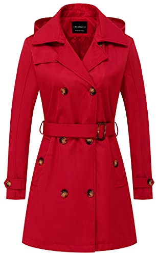 CREATMO US Damen Trenchcoat Zweireiher Klassischer Revers Mantel Gürtel Slim Oberbekleidung Mantel mit Abnehmbarer Kapuze, Rot/Ausflug, einfarbig (Getaway Solids), 3XL von CREATMO US