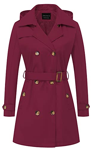 CREATMO US Damen Trenchcoat Zweireiher Klassischer Revers Mantel Gürtel Slim Oberbekleidung Mantel mit Abnehmbarer Kapuze, Weinrot, XL von CREATMO US