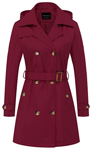 CREATMO US Damen-Trenchcoat, zweireihig, klassischer Revers, Übermantel, Gürtel, schmale Oberbekleidung, Mantel mit abnehmbarer Kapuze, Weinrot, XS von CREATMO US