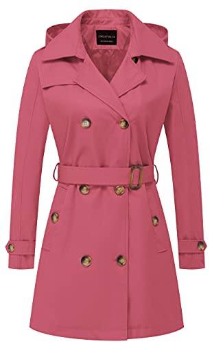 CREATMO US Damen-Trenchcoat, zweireihig, klassischer Revers, Übermantel, Gürtel, schmale Oberbekleidung, Mantel mit abnehmbarer Kapuze, Pink, S von CREATMO US