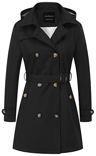 CREATMO US Damen Trenchcoat Zweireiher Klassischer Revers Mantel Gürtel Slim Oberbekleidung Mantel mit Abnehmbarer Kapuze, schwarz, L von CREATMO US