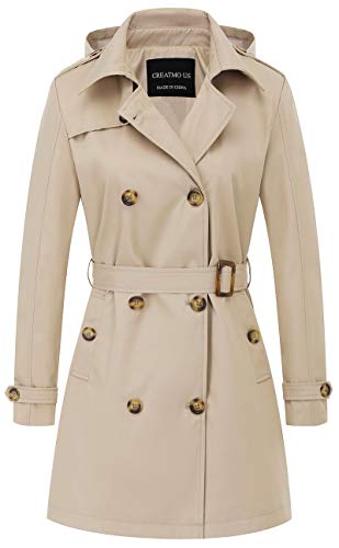 CREATMO US Damen Trenchcoat Zweireihig Klassisch Revers Mantel Gürtel Slim Oberbekleidung Mantel mit abnehmbarer Kapuze, khaki, X-Small von CREATMO US